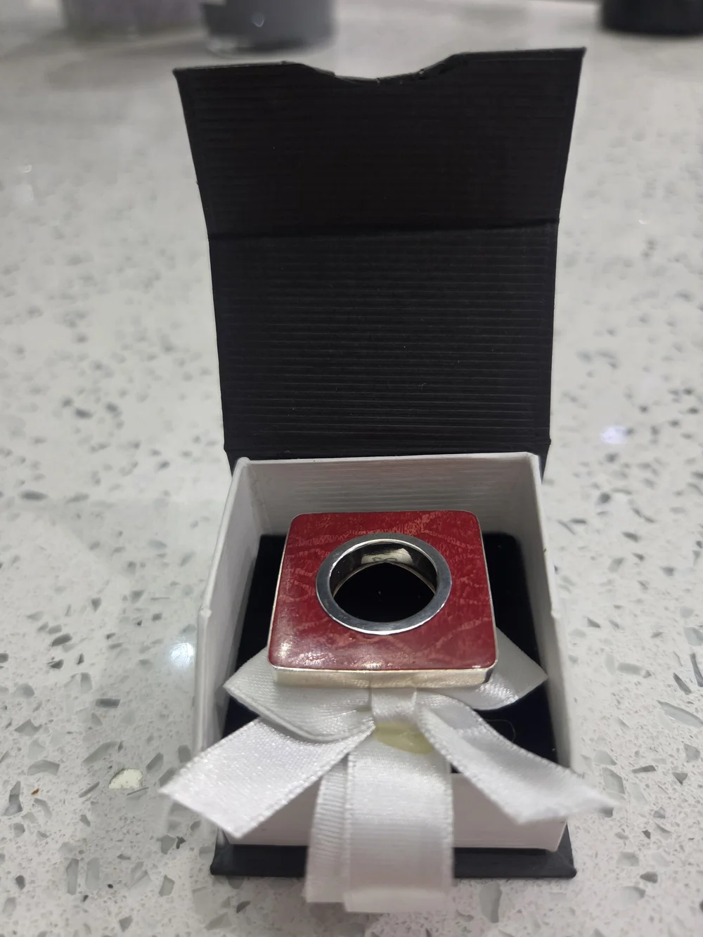 Women,s Red Square Signet Ring – Contemporary & Trendy Sterling Silver Inlay.